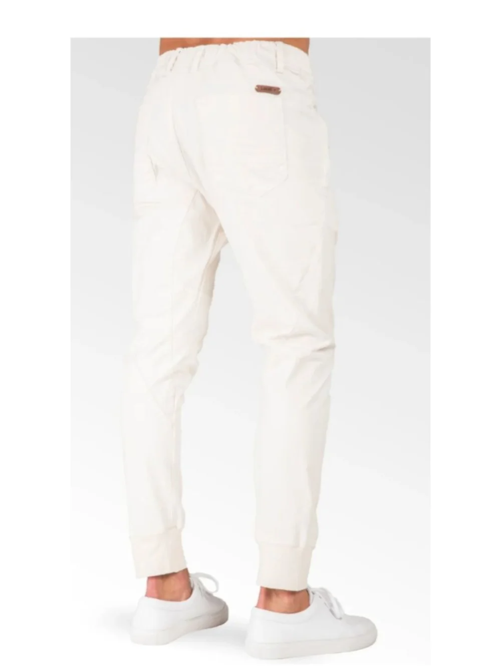 Relaxed Ecru Premium Stretch Twill Drop Crotch Jogger Jeans Zipper Pocket. SZ 34